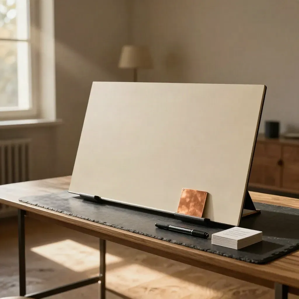 Lavagna strategica elegante con pannelli crema e dettagli rame su console scura.