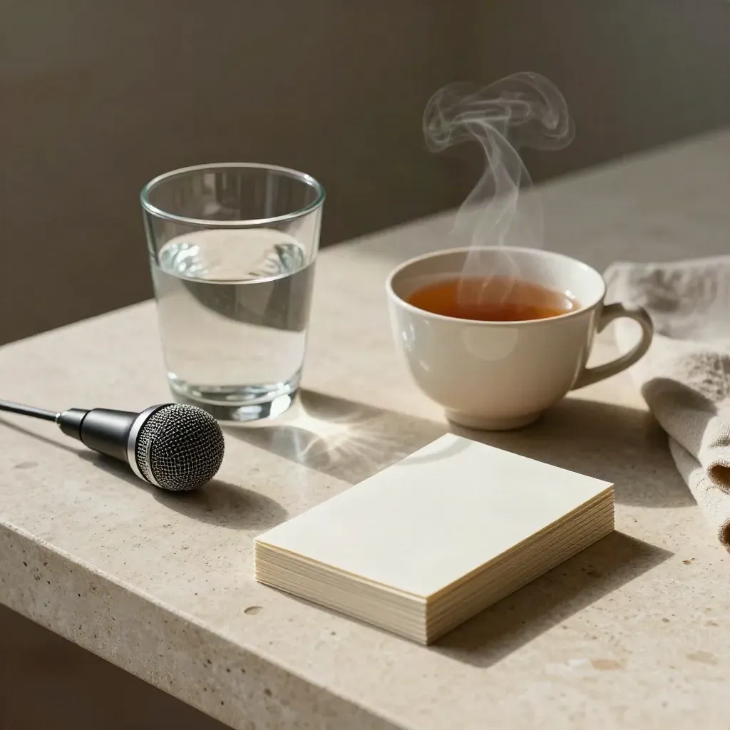 Bicchiere d’acqua, microfono, tisana e cue card su pietra chiara, luce morbida.