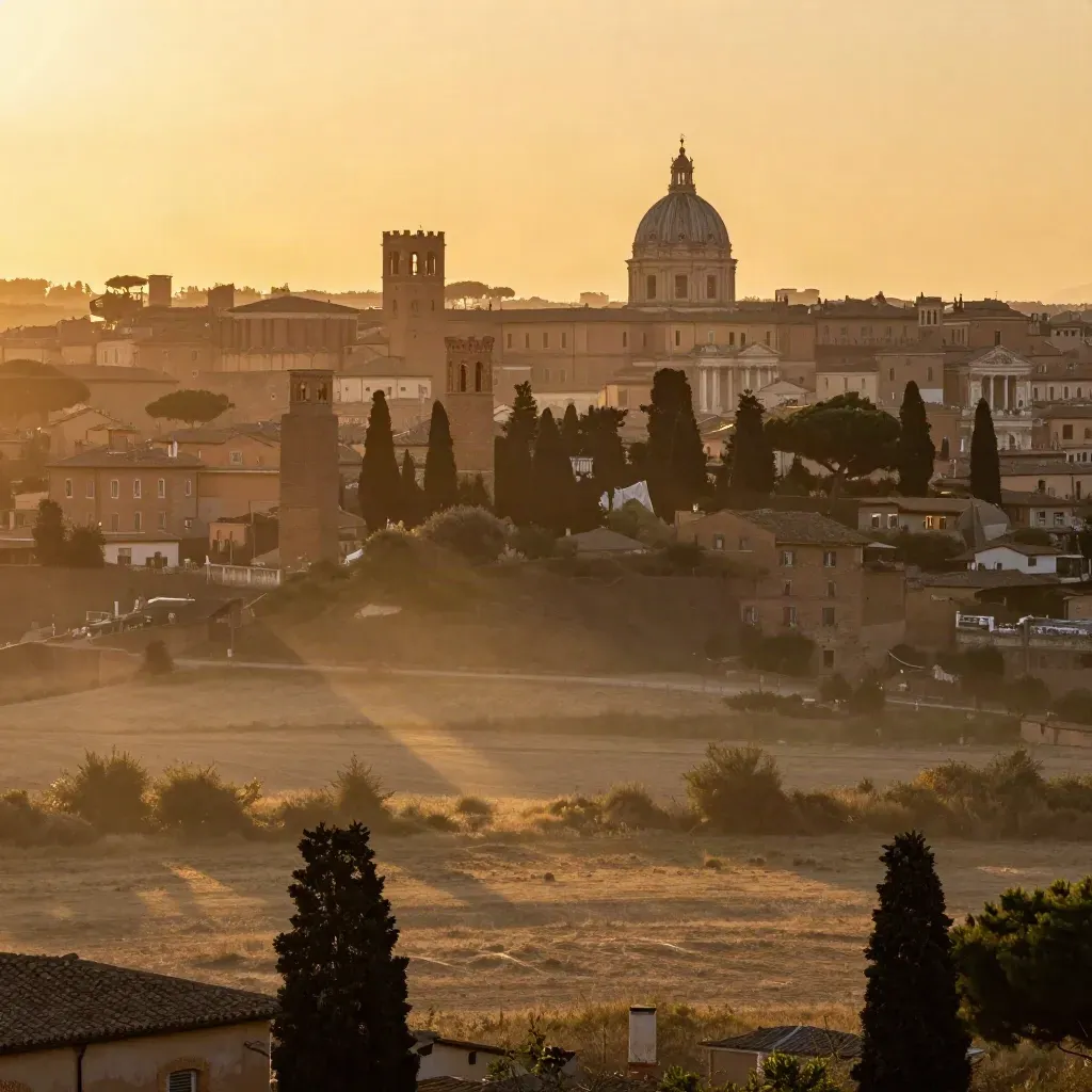 Roma al tramonto con cupole lontane, cipressi e pianura morbida in luce dorata