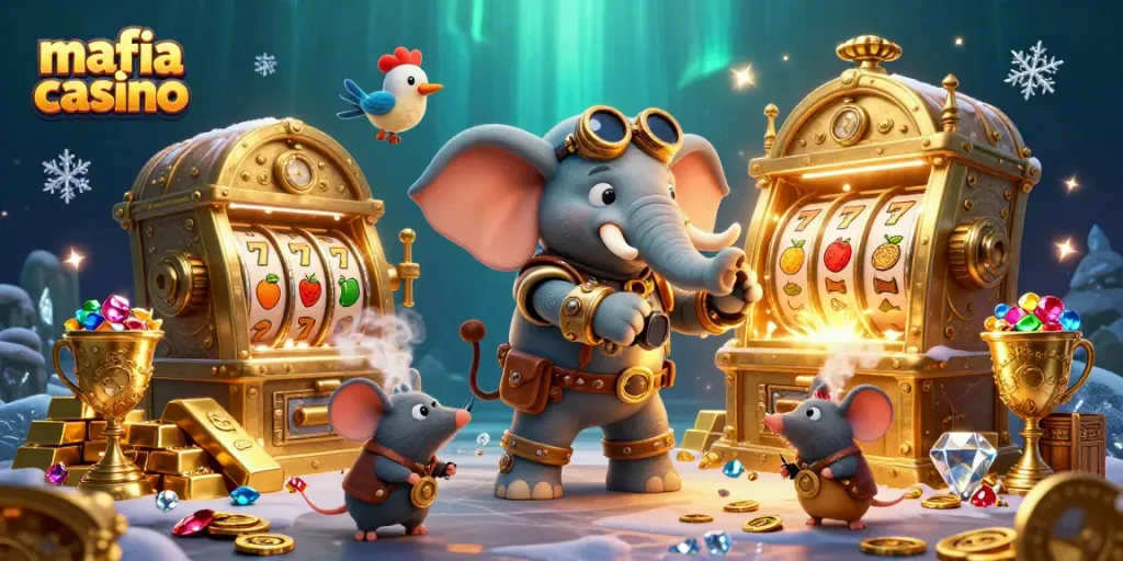 Mafia casino scene with a steampunk elephant engineer operating a slot machine, surrounded by treasures and dynamic gaming elements.